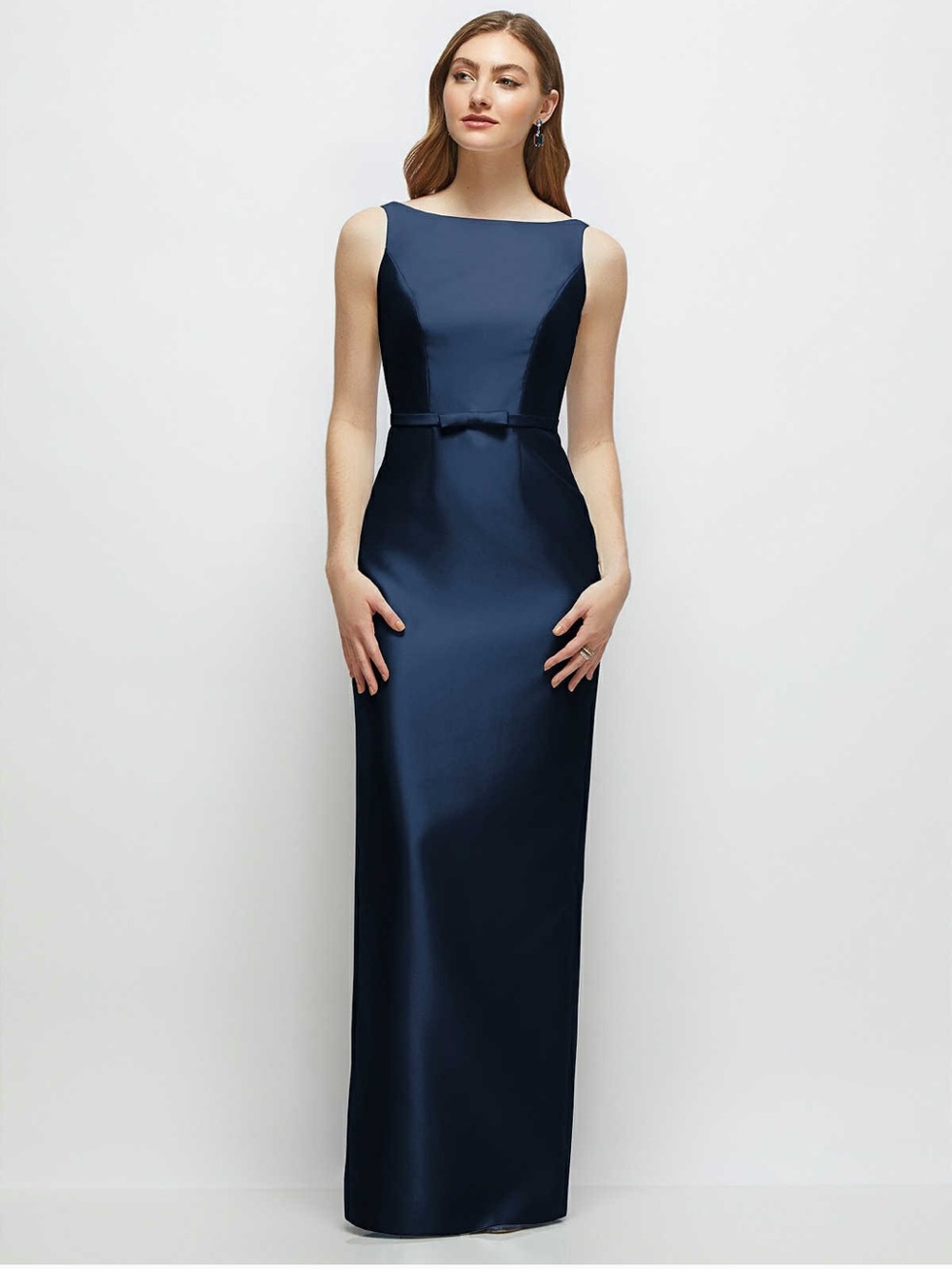 Elegant Navy Bridesmaids Satin Column Dress - Alfred Sung